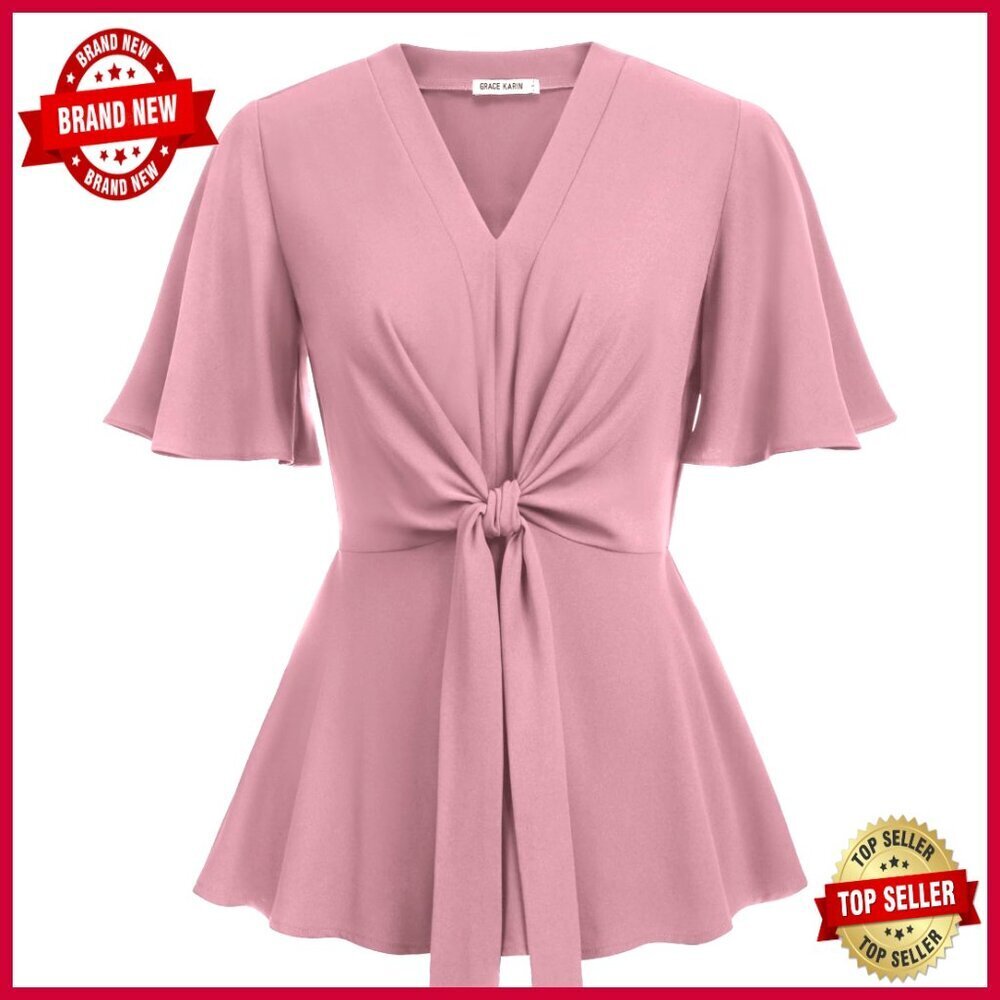 Slim Fit V-Neck Peplum Top with Bell Sleeves and Tie Front